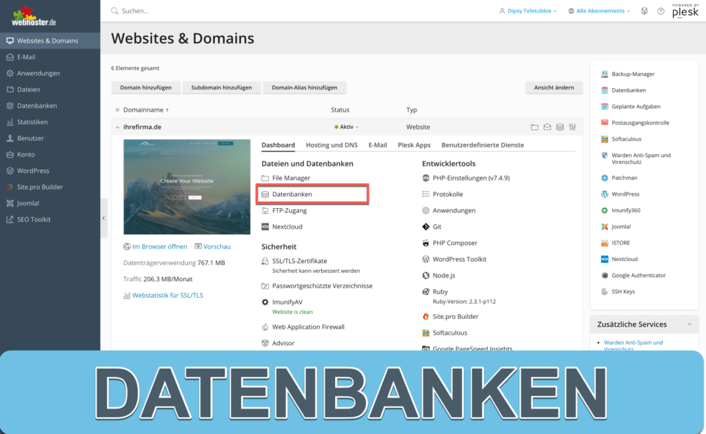Datenbanken im Plesk Menü